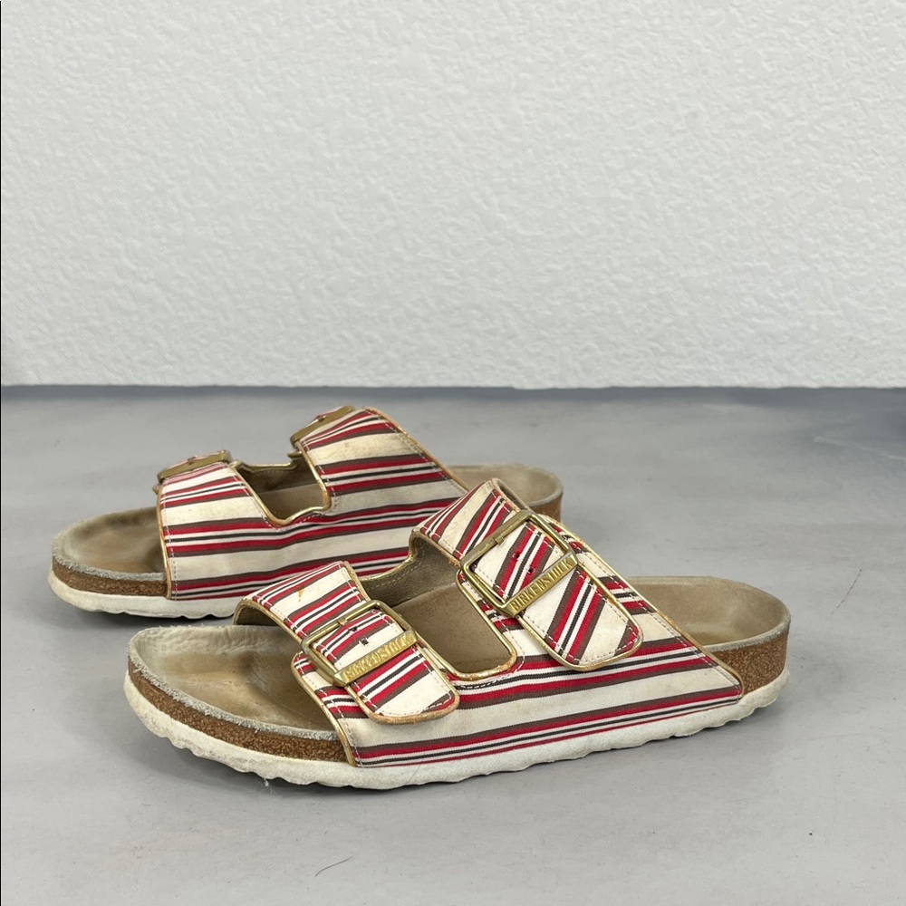 Birkenstock 2014 Resort Striped Arizona Dual Strap White Sole Sandals Slides